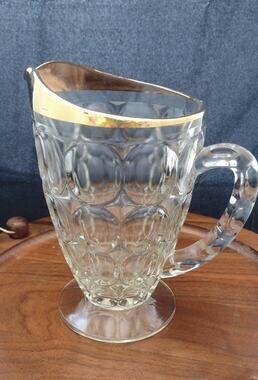 Vintage Jeanette Footed, Thumbprint glass pitcher, gold trim